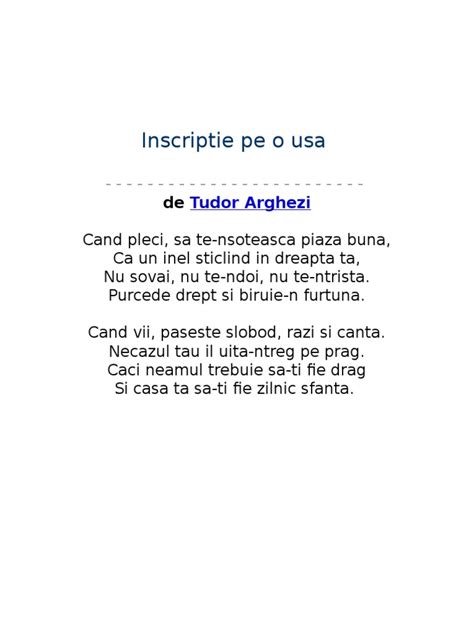 tudor arghezi inscriptie pe o usa|Inscripție pe o ușă – Tudor Arghezi – e.